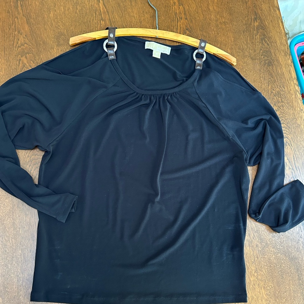 MICHAEL Michael Kors Cold Shoulder Top, trimmed w/ silver ring & leatherlike tab